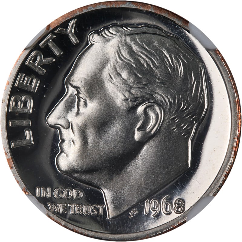 1968 No S Roosevelt Dime Proof NGC PF68 CAC Superb Eye Appeal: 1968 No S Roosevelt Dime Proof NGC PF68 CAC Superb Eye Appeal This stunning 1968 No S Roosevelt Dime Proof is certified by NGC with a grade of PF68, showcasing superb eye appeal and fantastic luster.