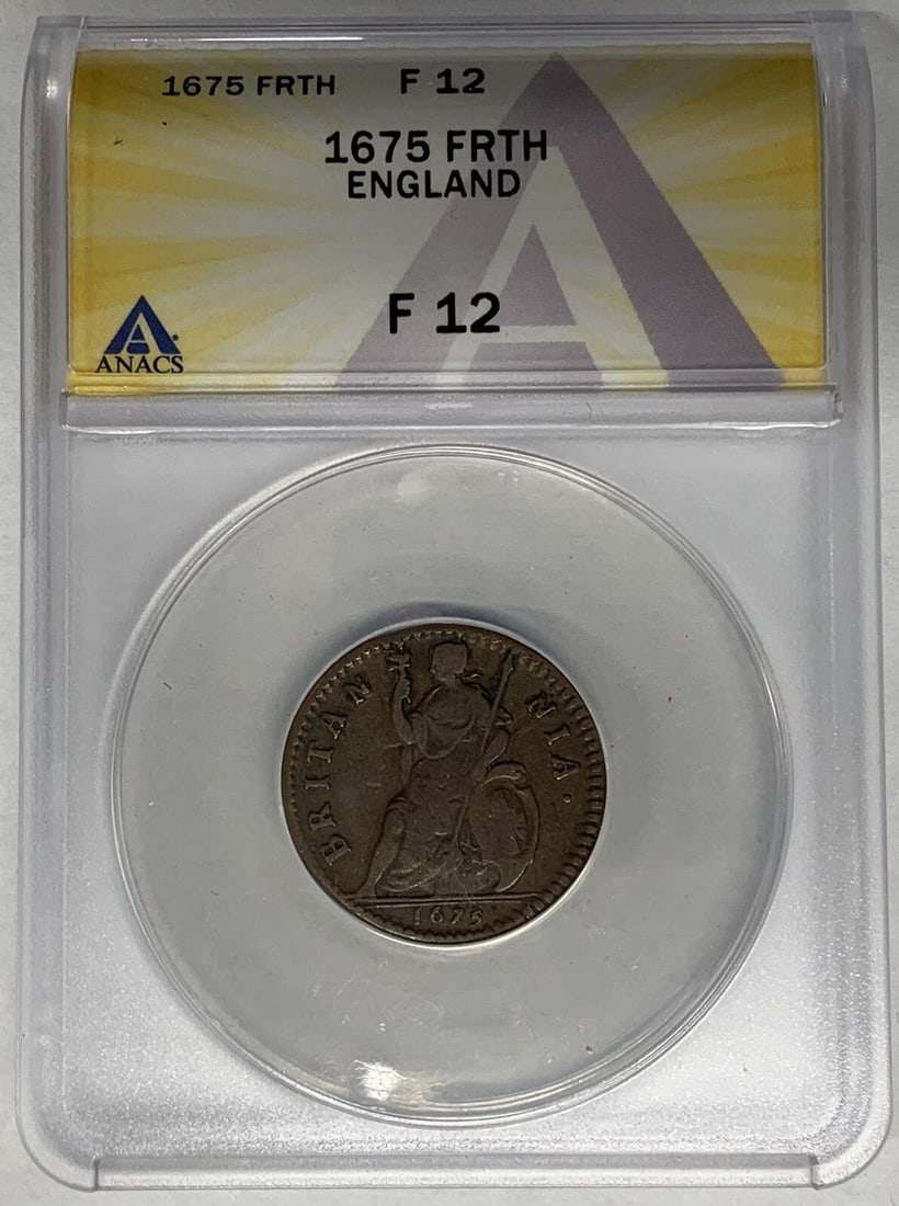 England 1675 Copper Farthing Coin King Charles II ANACS F 12: England 1675 Copper Farthing Coin King Charles II ANACS F 12 This is a 1675 England Farthing (1/4 Penny) copper coin issued during the reign of King Charles II. The coin is graded Fine-12 by ANACS and