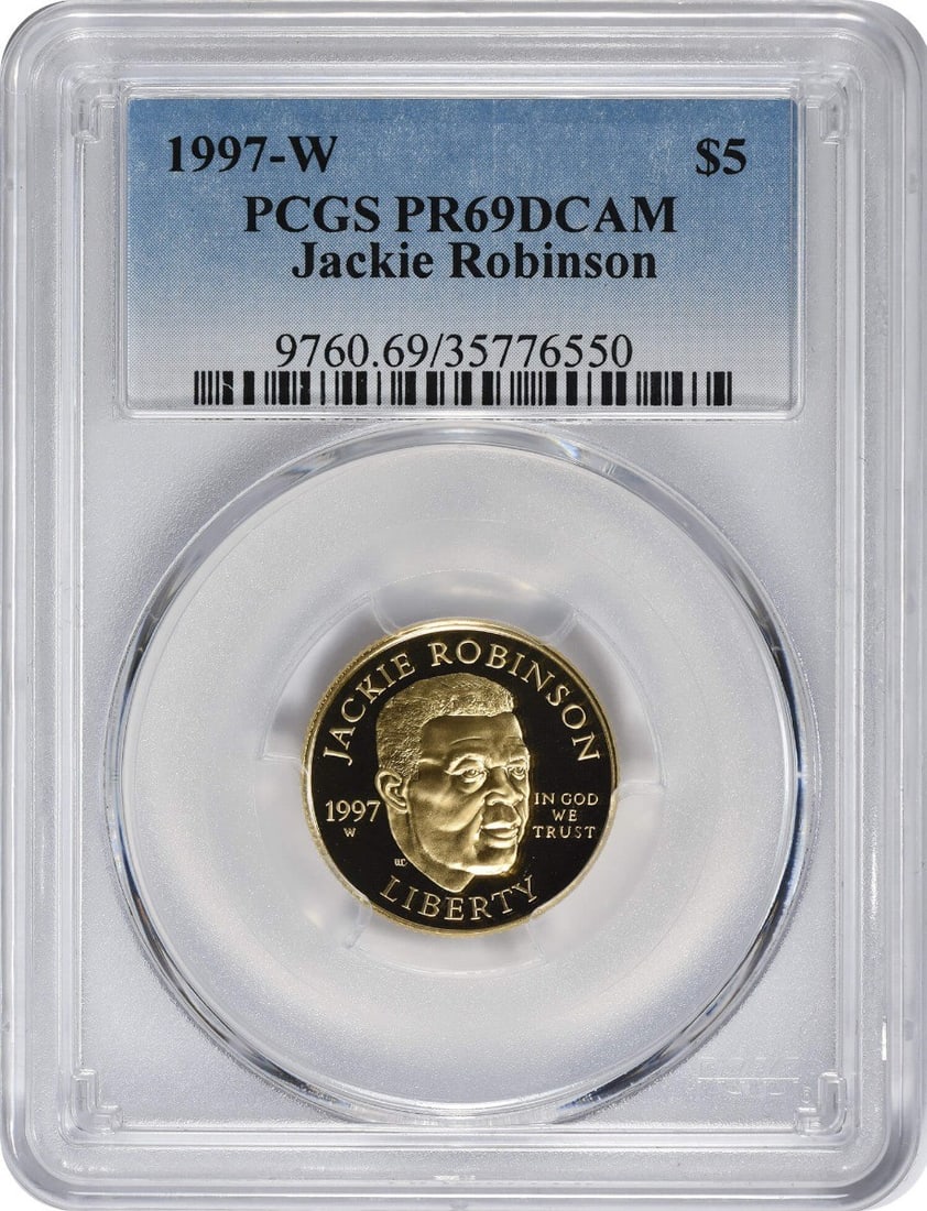 1997-W Jackie Robinson $5 Gold Coin PR69DCAM PCGS: 1997-W Jackie Robinson $5 Gold Coin PR69DCAM PCGS Celebrate a piece of history with this 1997-W Jackie Robinson Commemorative $5 Gold coin, graded PR69DCAM by PCGS. This uncirculated proof showcases t