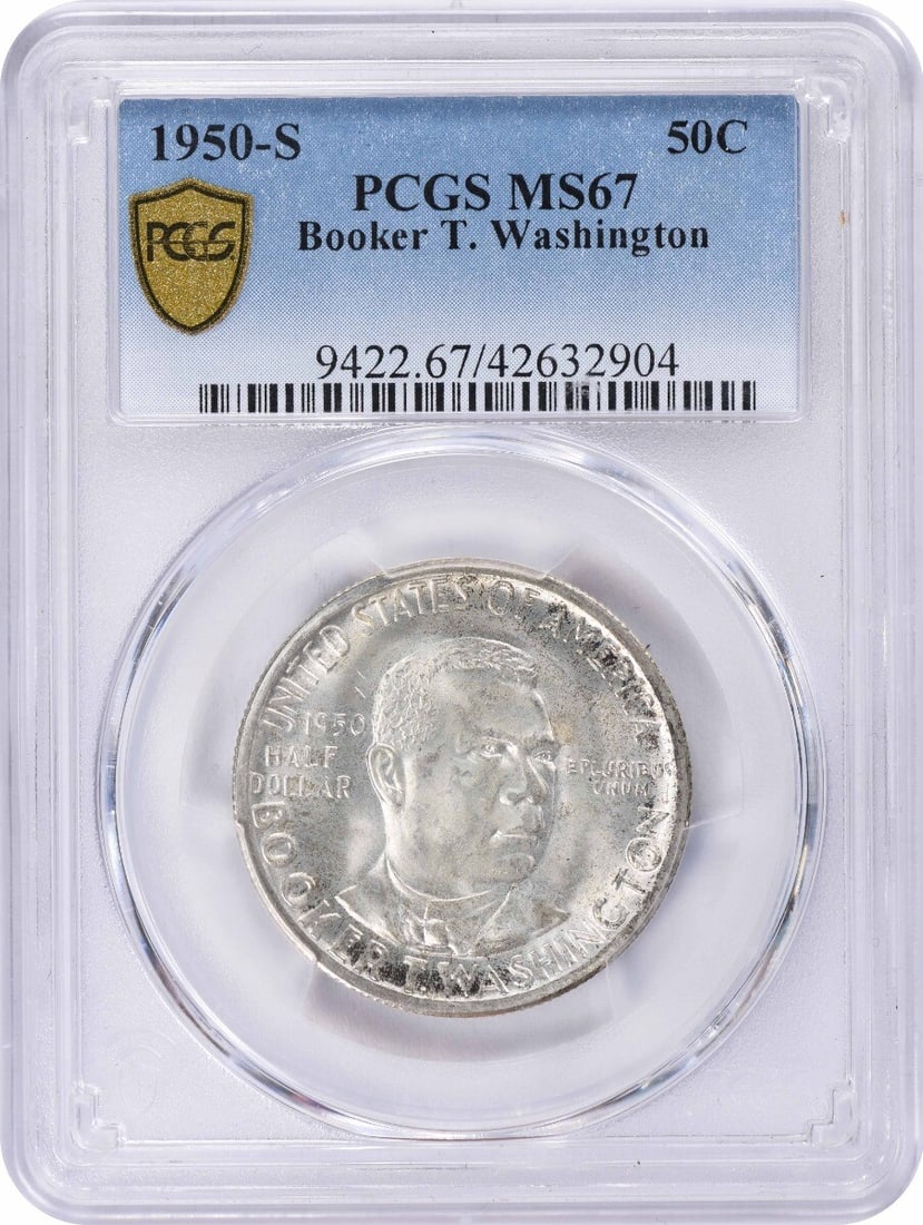 1950-S Booker T Washington Commemorative Half Dollar MS67 PCGS Uncirculated: 1950-S Booker T Washington Commemorative Half Dollar MS67 PCGS Uncirculated This 1950-S Booker T. Washington Commemorative Half Dollar is a stunning piece of numismatic history, graded MS67 by PCGS, s