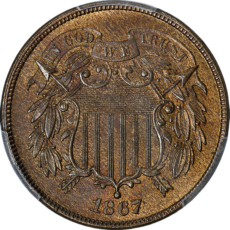 PCGS MS64 RB 1867 Copper Two Cent Coin United States: PCGS MS64 RB 1867 Copper Two Cent Coin United States This 1867 Two Cent Piece is graded MS64 RB by PCGS, indicating a strong strike, appealing color, and attractive luster. Made of copper, the coin is