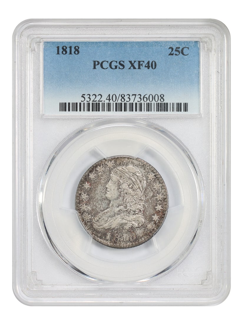 1818 Capped Bust Quarter Dollar PCGS XF40 Certified: 1818 Capped Bust Quarter Dollar PCGS XF40 Certified This 1818 Capped Bust Quarter is graded XF40 by PCGS and was minted in Philadelphia. The coin remains well-detailed and exhibits underlying luster b