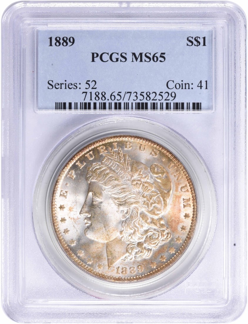PCGS MS65 1889 Philadelphia Morgan Dollar 90% Silver Uncirculated Coin: PCGS MS65 1889 Philadelphia Morgan Dollar 90% Silver Uncirculated Coin This is an 1889 Morgan Silver Dollar graded MS65 by PCGS. Struck at the Philadelphia Mint with no mint mark, this uncirculated co