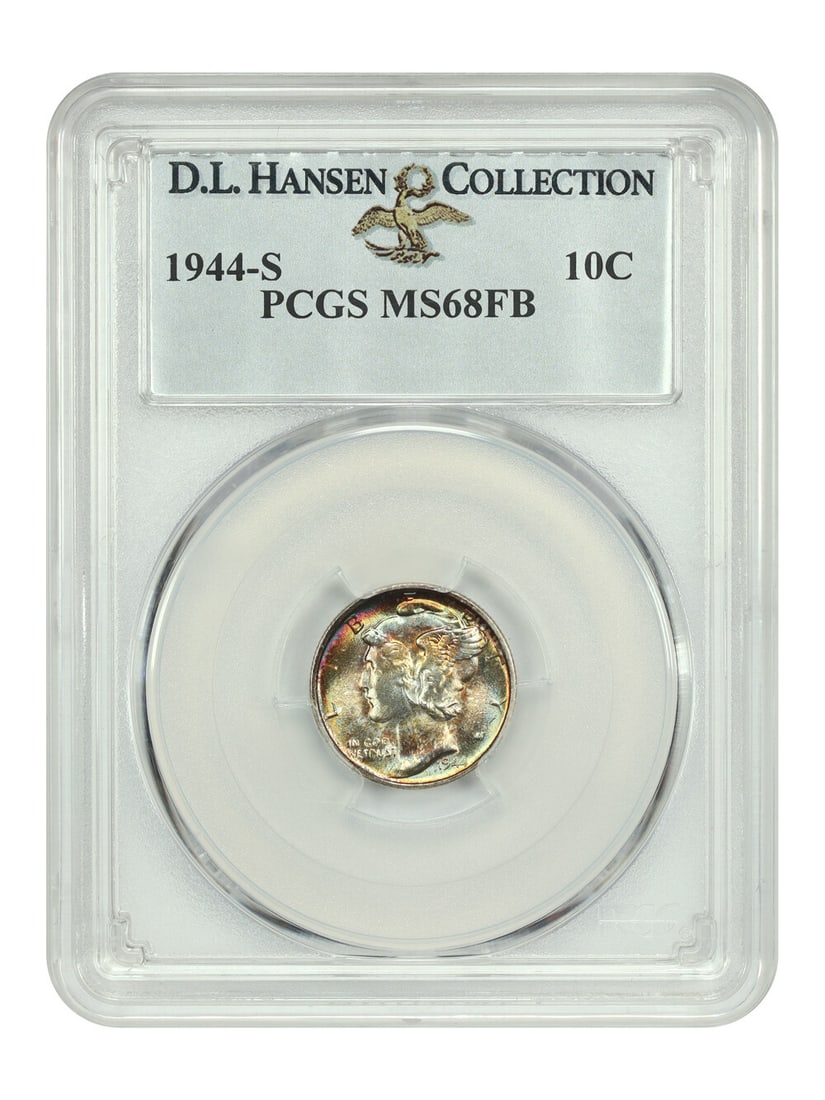 1944-S Mercury Dime PCGS MS68FB Rainbow Toning D.L. Hansen: 1944-S Mercury Dime PCGS MS68FB Rainbow Toning D.L. Hansen This stunning 1944-S Mercury Dime is graded PCGS MS68FB, making it an ultra-gem and an exceptional addition for any serious collector. With a