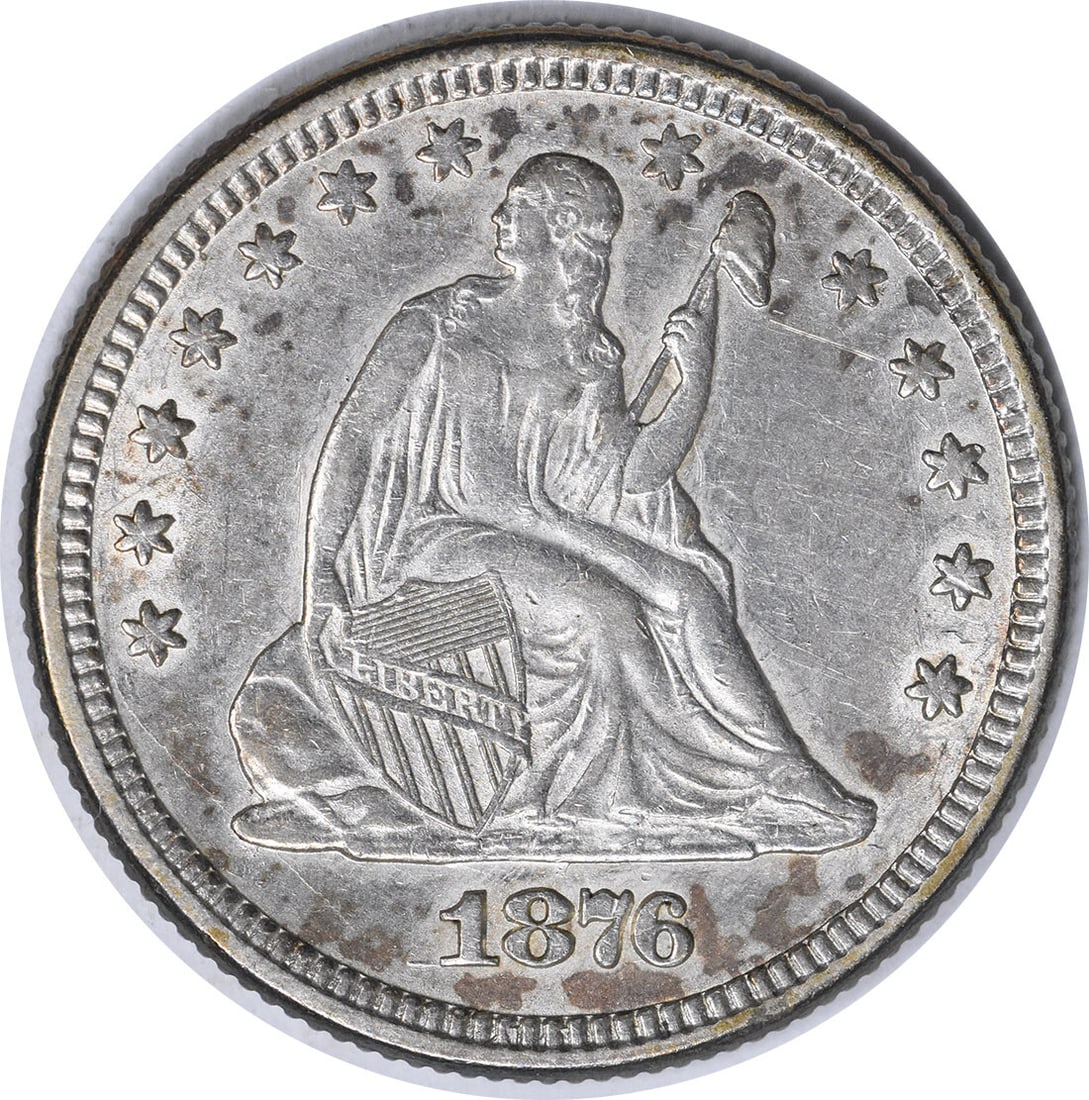1876 Liberty Seated Silver Quarter 25C AU Uncertified Philadelphia Mint: 1876 Liberty Seated Silver Quarter 25C AU Uncertified Philadelphia Mint This 1876 Liberty Seated Silver Quarter features a beautiful design by Robert Ball Hughes and Christian Gobrecht. Struck in Phil
