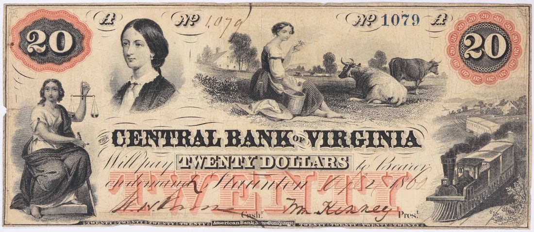 Twenty Dollar Central Bank of Virginia Staunton VF Uncertified Note: Twenty Dollar Central Bank of Virginia Staunton VF Uncertified Note This Twenty Dollar note from the Central Bank of Virginia, Staunton, is a piece of American history. It is graded as Very Fine (VF)