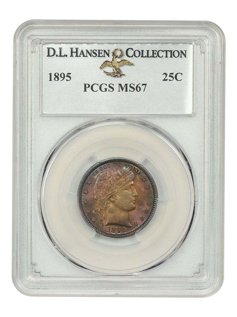 1895 Barber Quarter 25C PCGS MS67 Ex D.L. Hansen: 1895 Barber Quarter 25C PCGS MS67 Ex D.L. Hansen This 1895 Barber Quarter, graded MS67 by PCGS, is a remarkable uncirculated example of this classic coin. Featuring deep, rich toning on the obverse th