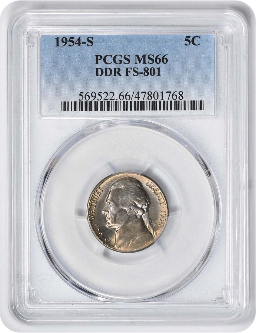 MS66 PCGS 1954-S Doubled Die Reverse Jefferson Nickel Uncirculated: MS66 PCGS 1954-S Doubled Die Reverse Jefferson Nickel Uncirculated This 1954-S Jefferson Nickel features the Doubled Die Reverse (DDR) FS-801 variety and is graded MS66 by PCGS. Struck at the San Fran