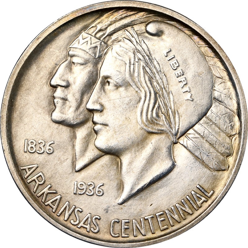 1936 Denver Mint Silver Arkansas Commemorative Half Dollar Coin: 1936 Denver Mint Silver Arkansas Commemorative Half Dollar Coin This is a 1936-D Arkansas Commemorative Half Dollar from the United States. The coin is composed of 90% silver and was minted in Denver.