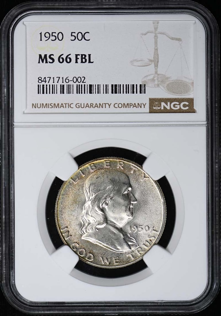 NGC Certified 1950 Philadelphia Franklin Half Dollar MS66 FBL: NGC Certified 1950 Philadelphia Franklin Half Dollar MS66 FBL This is a 1950 Franklin Half Dollar graded MS66FBL by NGC. The coin is uncirculated and was minted in Philadelphia. It features the Full B