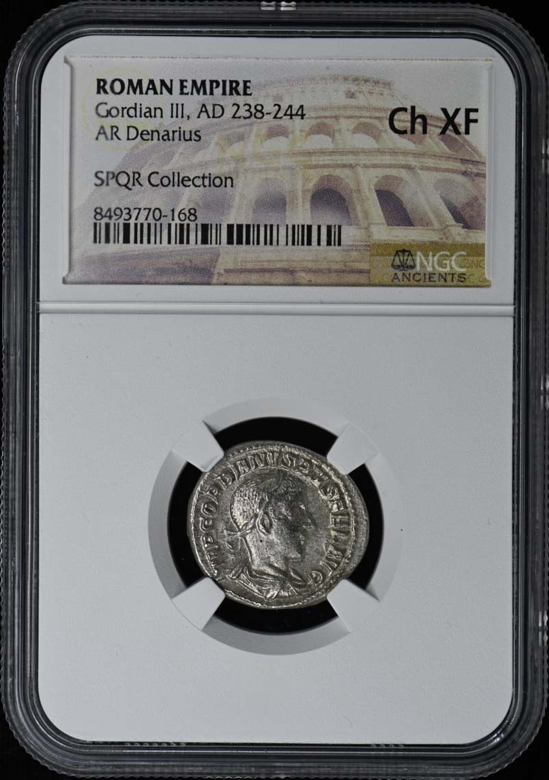 Roman Denarius Silver Coin of Gordian III NGC XF45 Certified: Roman Denarius Silver Coin of Gordian III NGC XF45 Certified This Roman Empire AR Denarius features Gordian III, who reigned from AD 238 to 244. The coin has been certified by NGC and graded as Choice