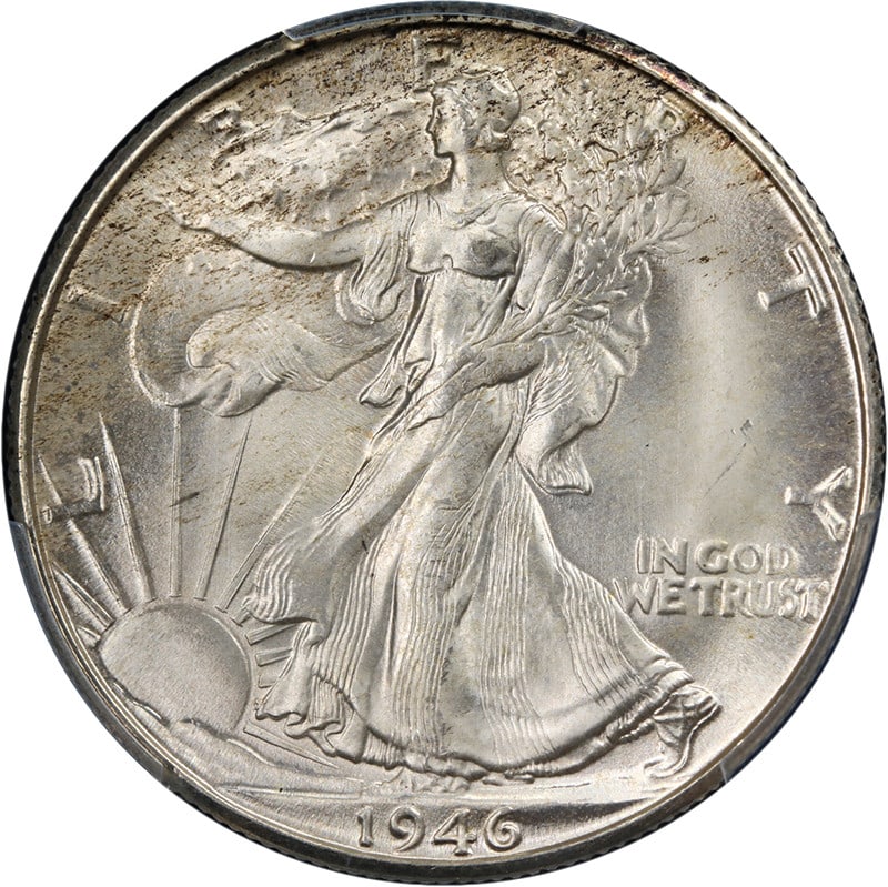 PCGS MS66 1946-D Walking Liberty Half Dollar Silver Uncirculated Coin: PCGS MS66 1946-D Walking Liberty Half Dollar Silver Uncirculated Coin This 1946-D Walking Liberty Half Dollar is graded MS66 by PCGS. It features exceptional eye appeal, strong luster, and a well-defi