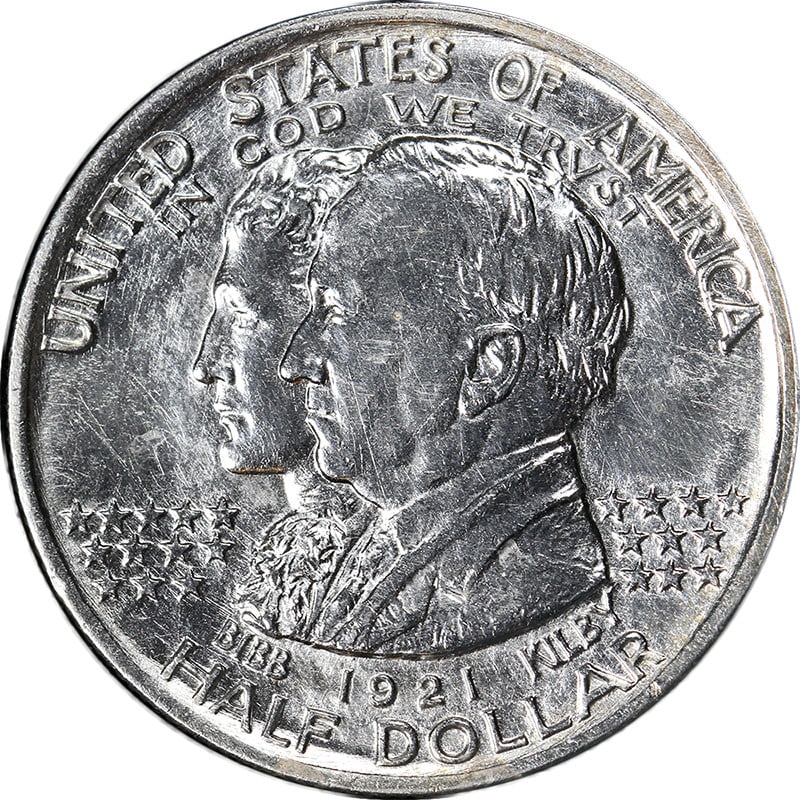 1921 Silver Alabama Commemorative Half Dollar Choice BU Plus Uncirculated: 1921 Silver Alabama Commemorative Half Dollar Choice BU Plus Uncirculated This 1921 Alabama Commemorative Half Dollar showcases stunning eye appeal with its fantastic luster and sharp strike. Graded a