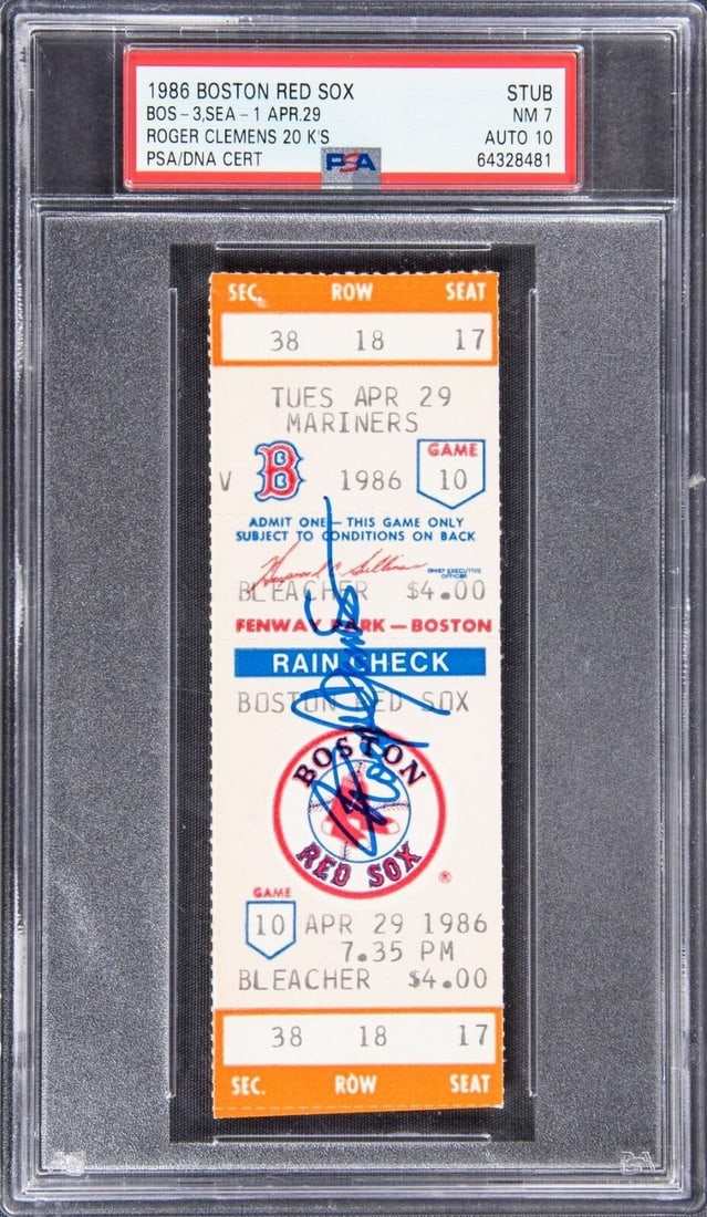 Roger Clemens Signed 1986 20 Strikeout Game Ticket PSA 7 Auto 10 POP 1: Roger Clemens Signed 1986 20 Strikeout Game Ticket PSA 7 Auto 10 POP 1 Celebrate baseball history with this remarkable signed ticket from Roger Clemens' legendary 20 strikeout game on April 29, 1986.