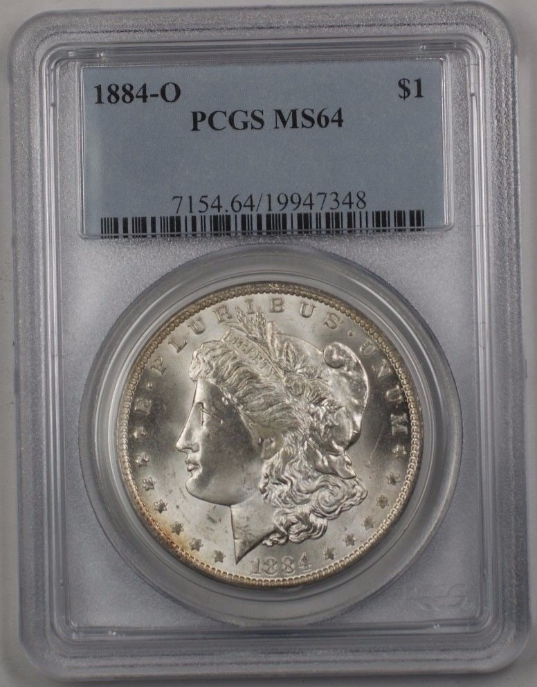 PCGS MS-64 1884-O Morgan Silver Dollar Uncirculated New Orleans Mint: PCGS MS-64 1884-O Morgan Silver Dollar Uncirculated New Orleans Mint This is an 1884-O US Morgan Silver Dollar $1 coin graded MS-64 by PCGS. Minted in New Orleans, this uncirculated coin is composed o
