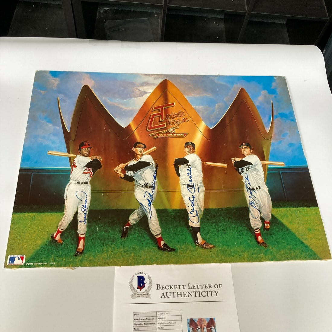 Triple Crown Signed 18x24 Photo Mickey Mantle Ted Williams Yastrzemski BAS: Triple Crown Signed 18x24 Photo Mickey Mantle Ted Williams Yastrzemski BAS This original 18x24 photo features the legendary players Mickey Mantle, Ted Williams, Frank Robinson, and Carl Yastrzemski, a
