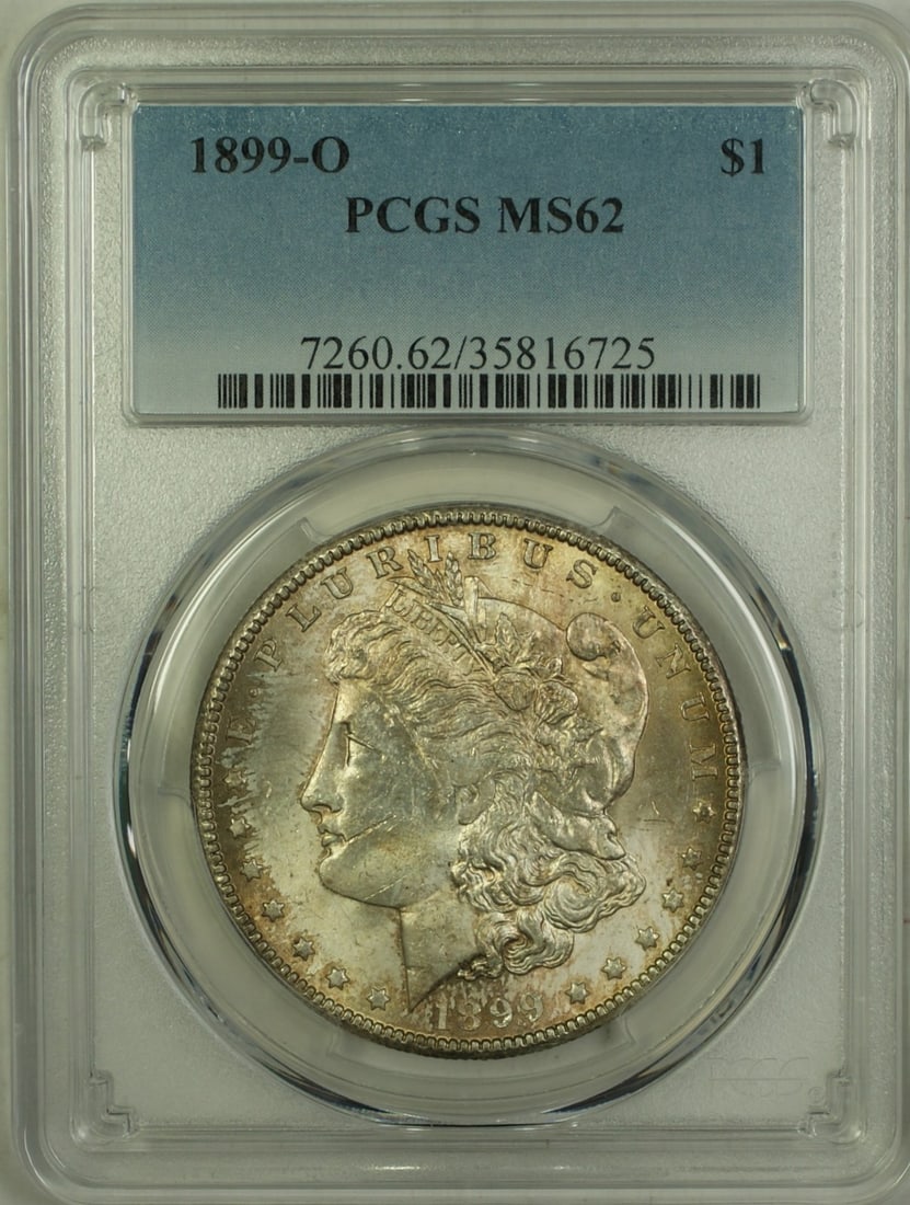 PCGS MS62 1899-O Morgan Dollar Silver Coin Toned New Orleans Mint: PCGS MS62 1899-O Morgan Dollar Silver Coin Toned New Orleans Mint This 1899-O Morgan Silver Dollar features a $1 denomination and was minted in New Orleans. Certified by PCGS with a grade of MS 62, th