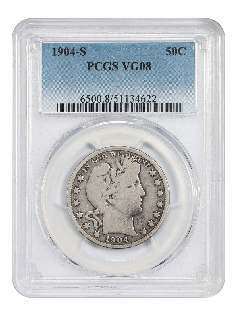 Barber Half Dollar 1904-S PCGS VG08 San Francisco Key Date Coin: Barber Half Dollar 1904-S PCGS VG08 San Francisco Key Date Coin This is a 1904-S Barber Half Dollar, a rare and highly sought-after coin considered a key date in the Barber Half Dollar series. Graded