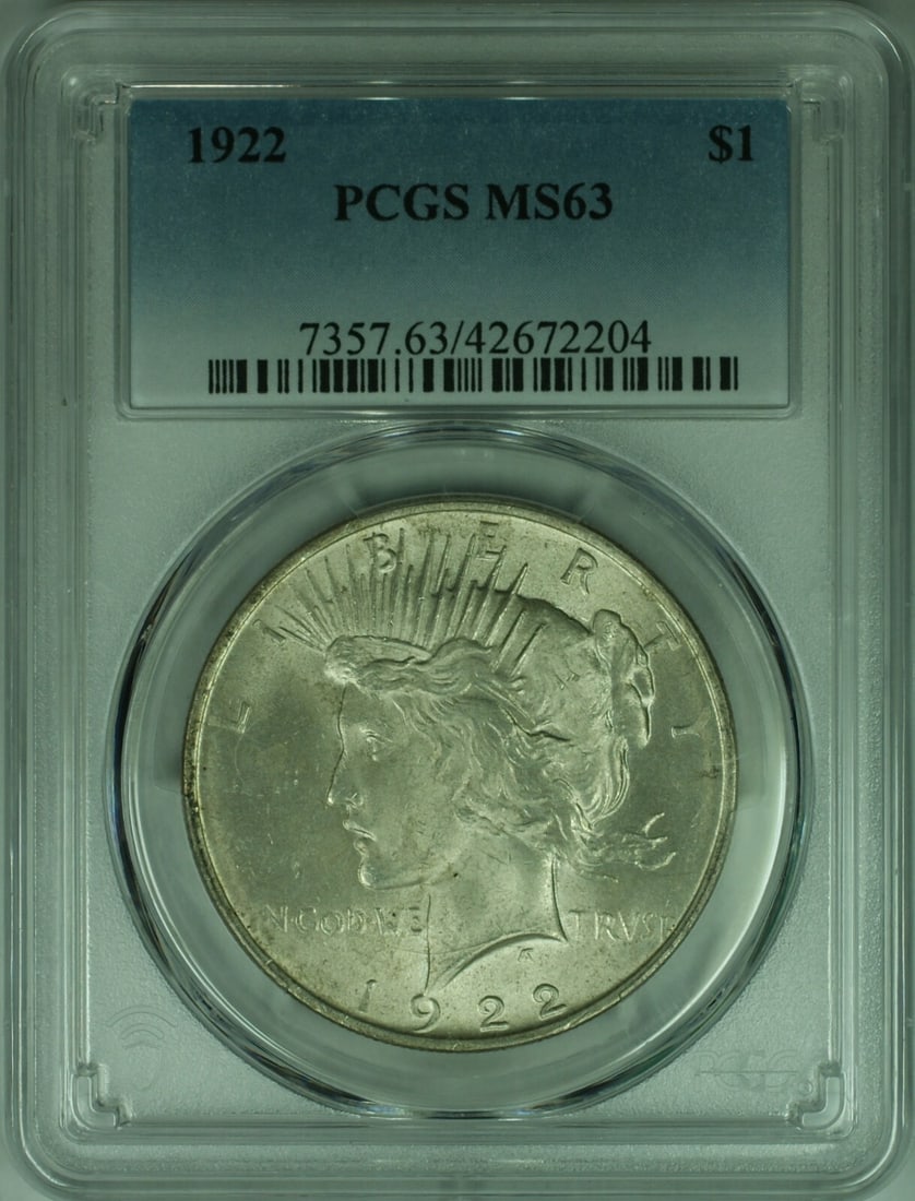 PCGS MS 63 1922 Peace Dollar Silver Coin Philadelphia Mint: PCGS MS 63 1922 Peace Dollar Silver Coin Philadelphia Mint This 1922 Peace Silver Dollar coin features a denomination of $1 and is composed of silver. It was minted in Philadelphia and is certified by
