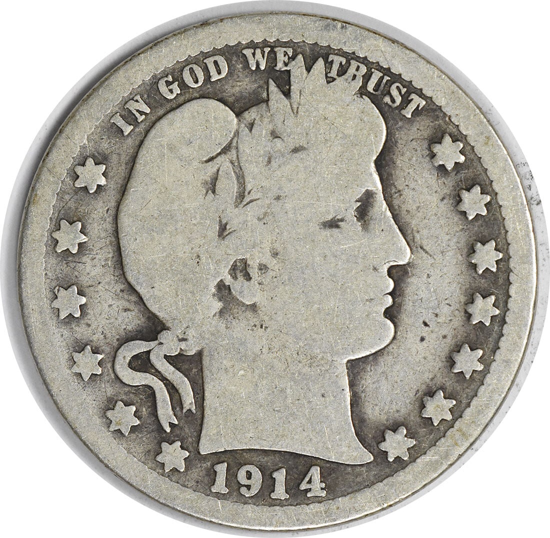 1914-S Barber Silver Quarter 90% Silver G San Francisco Mint: 1914-S Barber Silver Quarter 90% Silver G San Francisco Mint This 1914-S Barber Silver Quarter is a historical coin with a striking design by Charles E. Barber. It features a composition of 90% silver