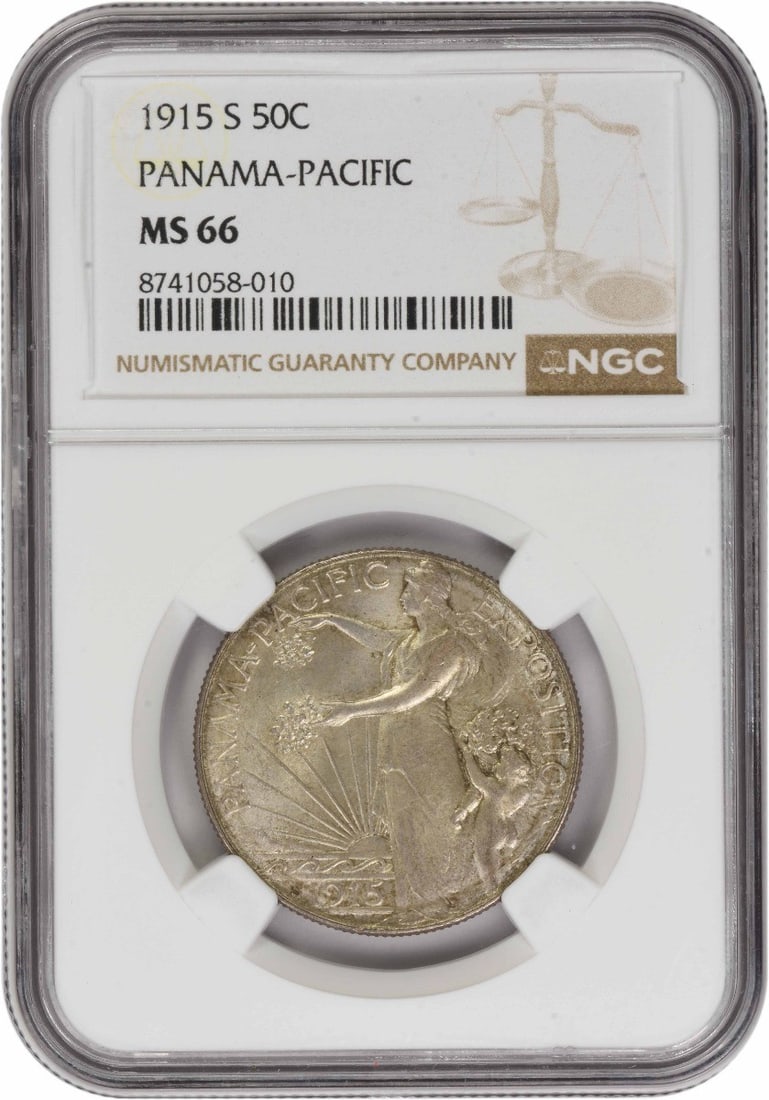 1915-S Panama-Pacific Half Dollar MS66 NGC Certified 90% Silver Coin: 1915-S Panama-Pacific Half Dollar MS66 NGC Certified 90% Silver Coin This is a 1915-S Panama-Pacific Commemorative Silver Half Dollar, graded MS66 by NGC. The coin is uncirculated and features a compo