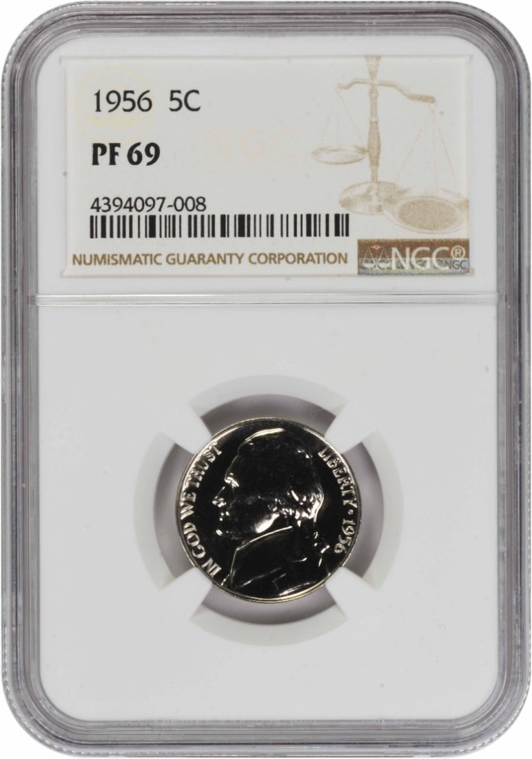 1956 Proof Jefferson Nickel PR69 Graded by NGC: 1956 Proof Jefferson Nickel PR69 Graded by NGC This is a 1956 Jefferson Nickel with a PR69 grade, certified by NGC. The coin is in uncirculated condition and was produced as a proof strike. It feature