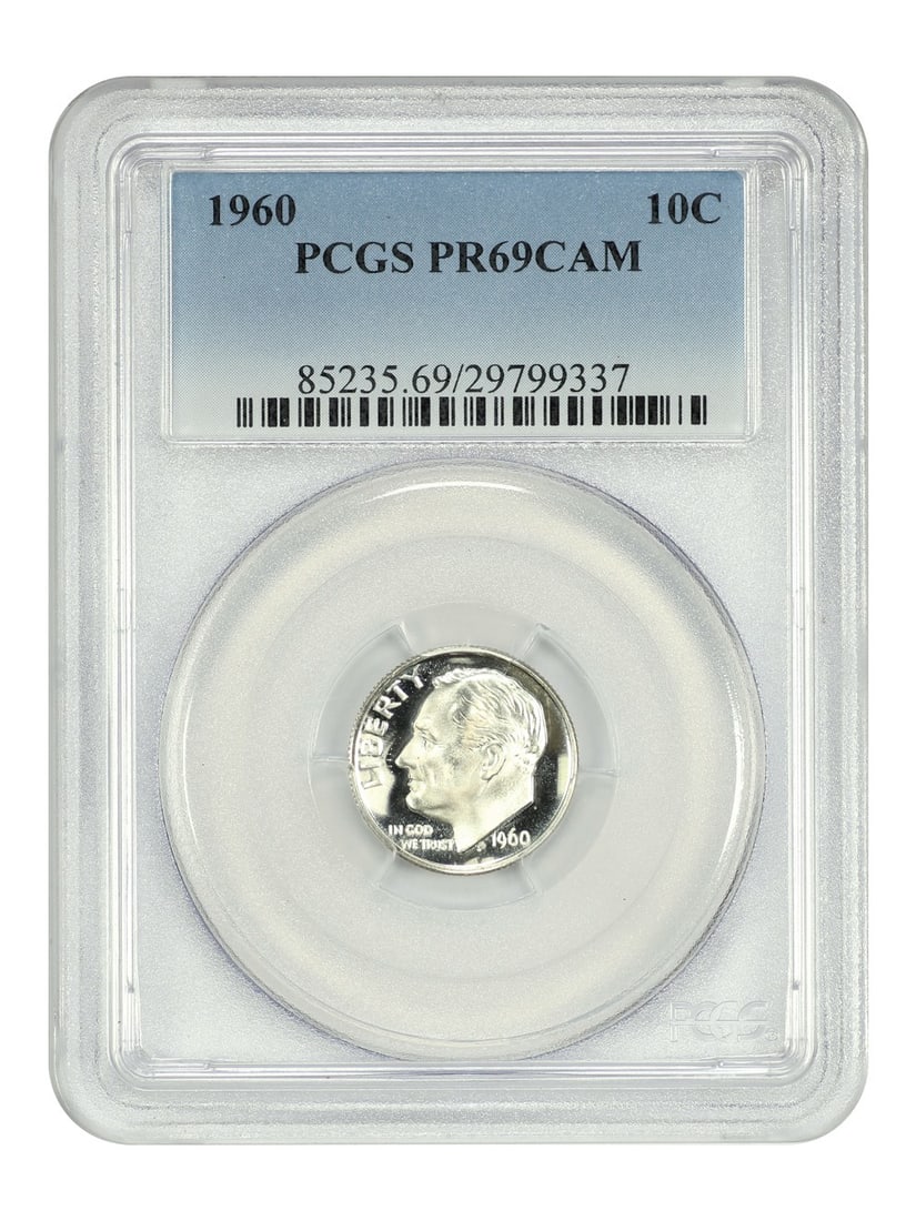 1960 Roosevelt Dime 10C Proof PR69 CAM PCGS Certified Coin: 1960 Roosevelt Dime 10C Proof PR69 CAM PCGS Certified Coin This is a 1960 Roosevelt Dime with a denomination of 10 cents, certified by PCGS as PR69CAM. The coin is uncirculated and features a proof st