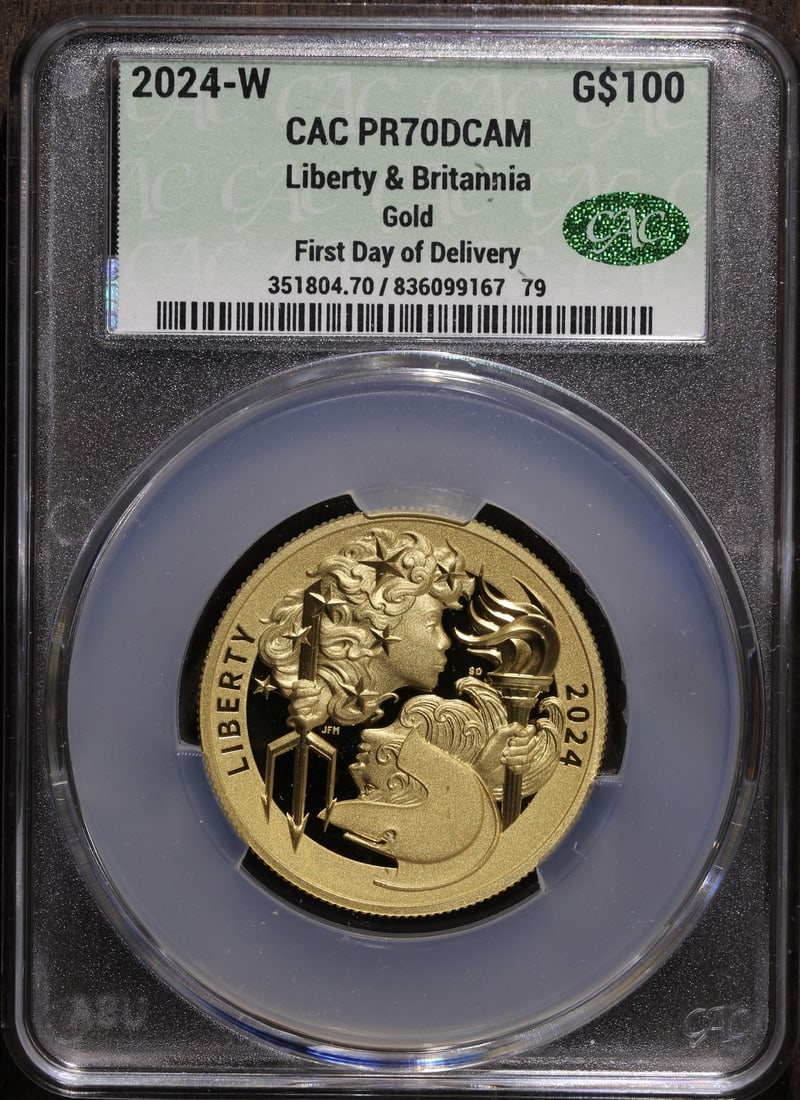 2024-W Gold Proof Liberty & Britannia $100 PR70 CAC U.S. Mint: 2024-W Gold Proof Liberty & Britannia $100 PR70 CAC U.S. Mint This stunning 2024-W Proof Gold Liberty & Britannia coin features a remarkable PR70 grade with deep cameo finish, ensuring exceptional det