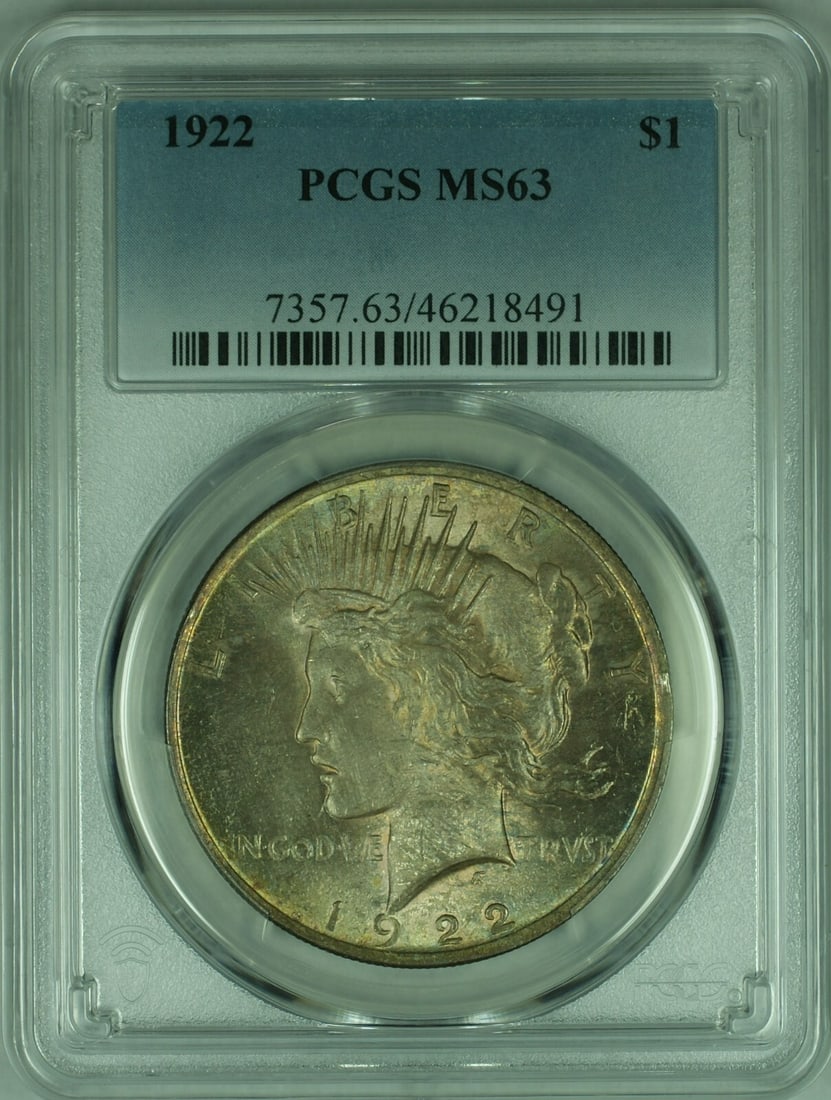 PCGS MS-63 1922 Peace Silver Dollar Toned Uncirculated $1 Coin: PCGS MS-63 1922 Peace Silver Dollar Toned Uncirculated $1 Coin This is a 1922 Peace Silver Dollar from the United States, graded MS-63 by PCGS. The coin is uncirculated and features natural toning. It