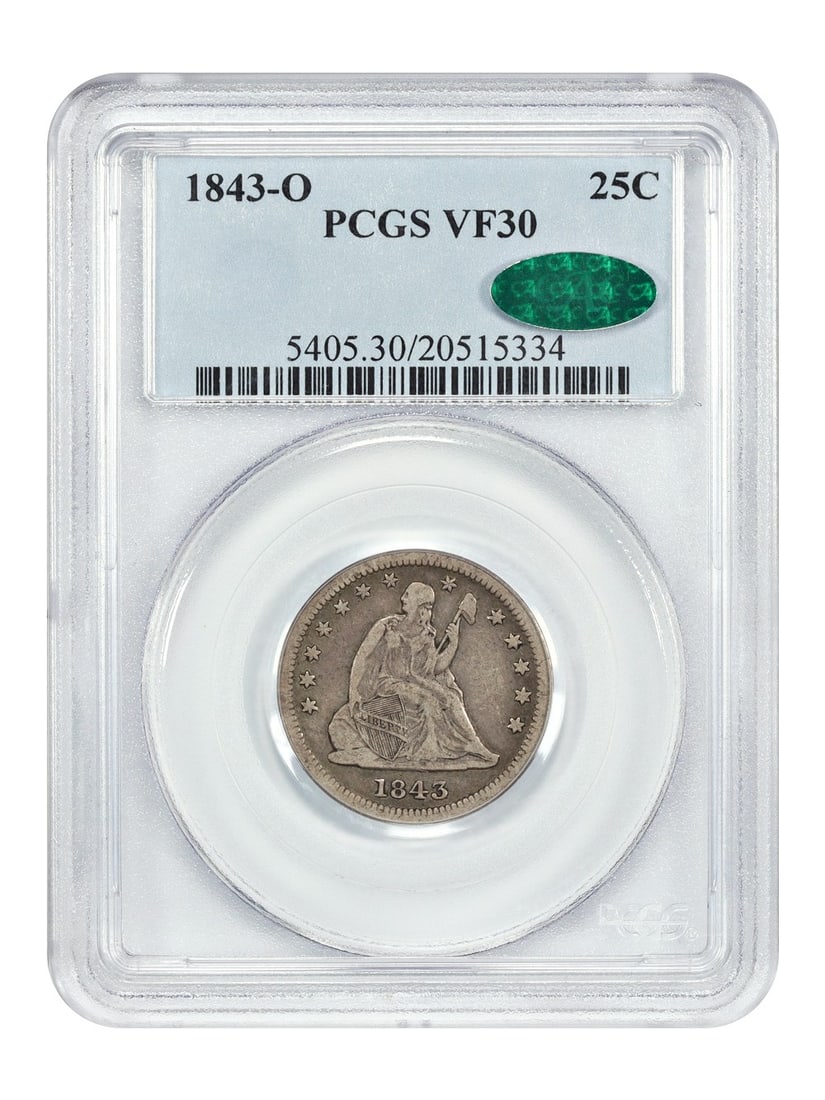 PCGS CAC VF30 1843-O New Orleans Seated Liberty Quarter Dollar: PCGS CAC VF30 1843-O New Orleans Seated Liberty Quarter Dollar This 1843-O Liberty Seated Quarter has been certified by PCGS with a grade of VF30 and also carries CAC approval. Minted in New Orleans,