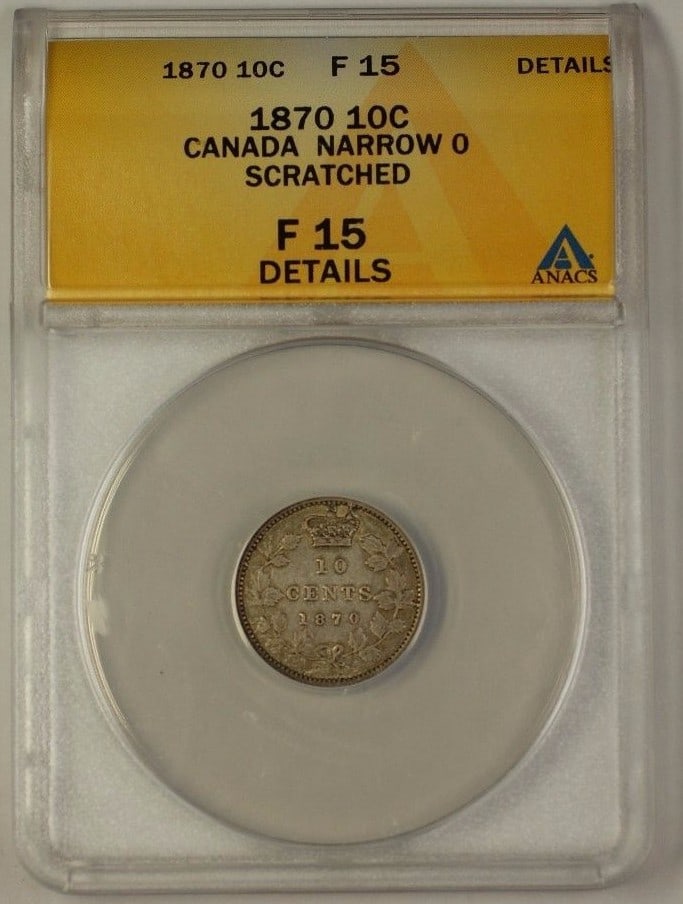 1870 Canadian 10 Cent Silver Dime ANACS F-15 Details Narrow 0 Variety: 1870 Canadian 10 Cent Silver Dime ANACS F-15 Details Narrow 0 Variety This is an 1870 Canada silver dime featuring the narrow 0 variety. The coin is graded F-15 Details by ANACS and has a scratched su