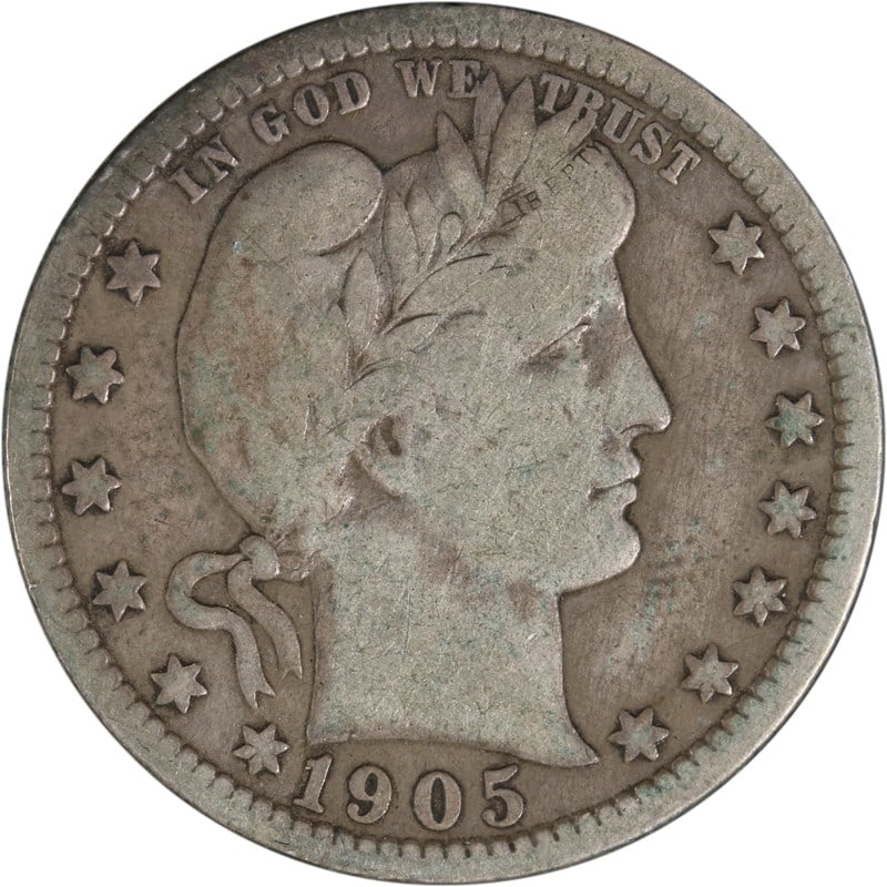 New Orleans Mint 1905 Silver Barber Quarter Coin United States: New Orleans Mint 1905 Silver Barber Quarter Coin United States This is a 1905-O Barber Quarter minted in New Orleans. The coin is composed of silver and is in circulated, pre-owned condition. It is un