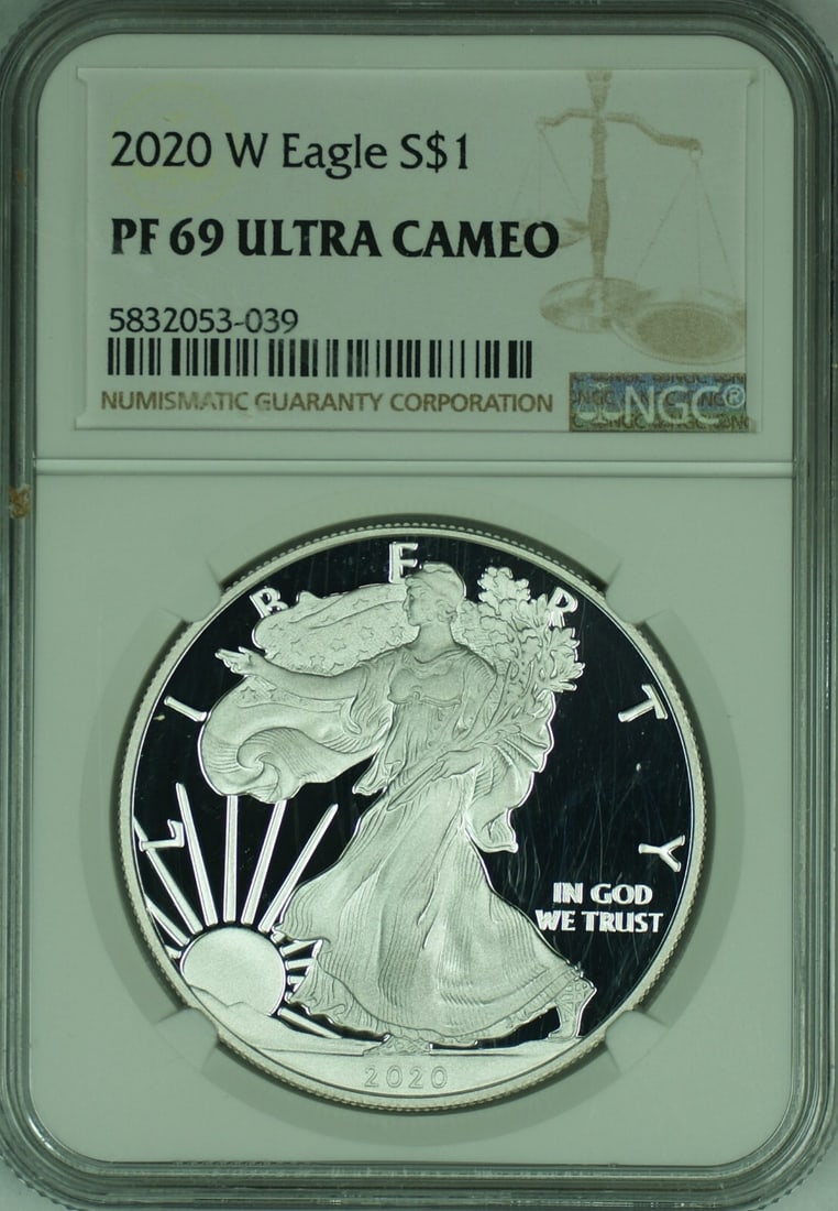 Proof 2020-W Silver Eagle Dollar NGC PR 69 Ultra Cameo: Proof 2020-W Silver Eagle Dollar NGC PR 69 Ultra Cameo This 2020-W American Proof Silver Eagle features a $1 denomination and is certified by NGC with a PF 69 Ultra Cameo grade. The coin is uncirculat