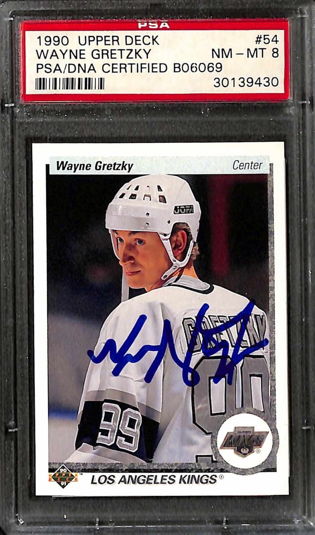 Autographed 1990 Upper Deck Wayne Gretzky Card PSA DNA NM MT 8: Autographed 1990 Upper Deck Wayne Gretzky Card PSA DNA NM MT 8 This is an original 1990 Upper Deck #54 sports trading card featuring Wayne Gretzky, signed in blue permanent marker. The autograph was o