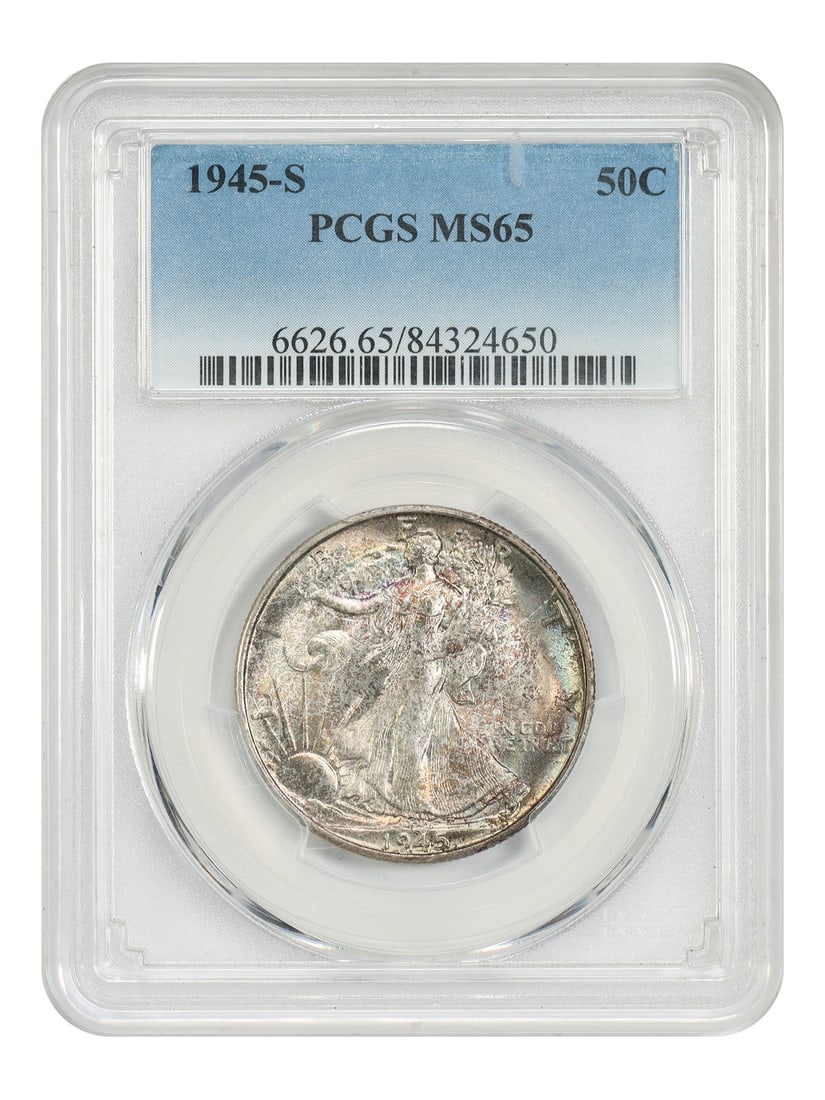 PCGS MS65 1945 San Francisco Walking Liberty Half Dollar 50C: PCGS MS65 1945 San Francisco Walking Liberty Half Dollar 50C This 1945-S Walking Liberty Half Dollar is a pre-owned, uncirculated coin graded MS65 by PCGS. Minted in San Francisco, it belongs to the W