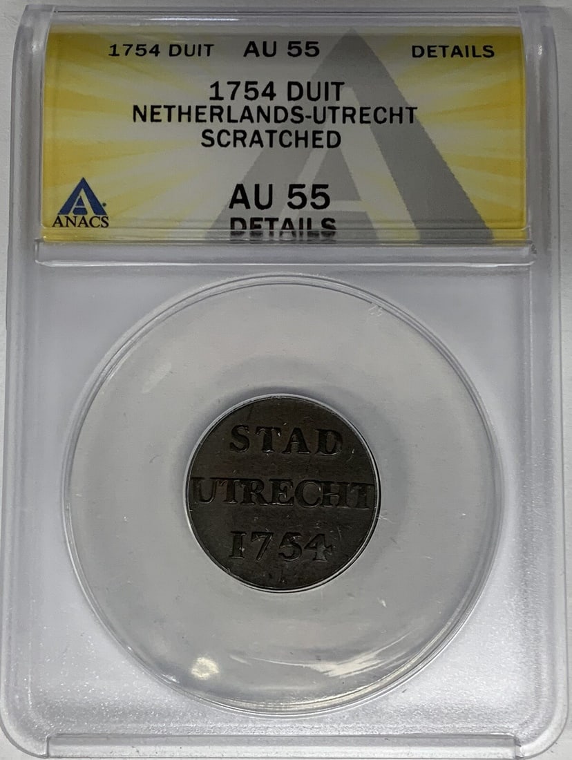 1754 Copper Duit from Netherlands ANACS AU 55 Certified Coin: 1754 Copper Duit from Netherlands ANACS AU 55 Certified Coin This 1754 Netherlands Duit coin is composed of copper and has been certified by ANACS with a grade of AU 55 Details. It is a pre-owned coll