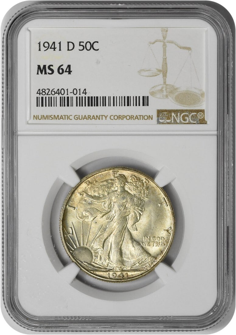 NGC MS64 1941 Denver Mint Walking Liberty Half Dollar 90 Percent Silver: NGC MS64 1941 Denver Mint Walking Liberty Half Dollar 90 Percent Silver This 1941-D Walking Liberty Half Dollar is a United States coin graded MS64 by NGC. Struck at the Denver Mint, it features a com