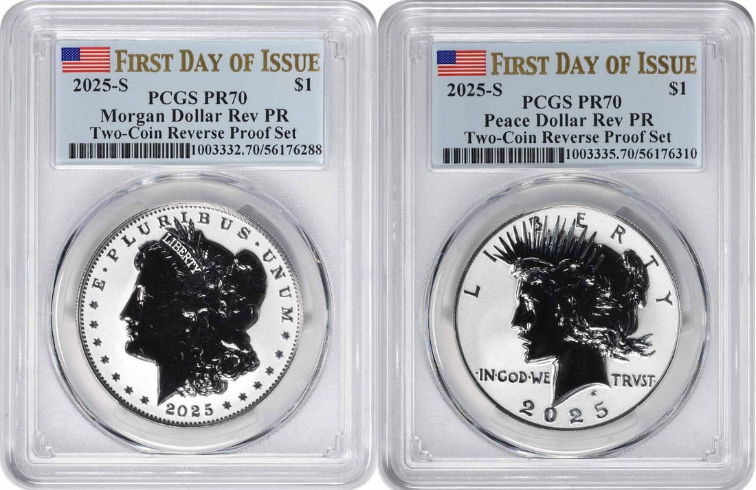 PR70 PCGS Reverse Proof 2025-S Morgan and Peace Dollar Two Coin FDOI Set: PR70 PCGS Reverse Proof 2025-S Morgan and Peace Dollar Two Coin FDOI Set This set includes two 2025 silver dollars: a Morgan and a Peace dollar, both in reverse proof finish. Each coin is certified by