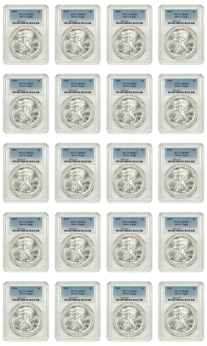 1991 Silver Eagle Roll PCGS MS69 Twenty Uncirculated Dollar Coins: 1991 Silver Eagle Roll PCGS MS69 Twenty Uncirculated Dollar Coins This roll contains 20 uncirculated 1991 $1 Silver Eagle coins, each composed of one ounce of pure silver. Graded MS69 by PCGS, these c