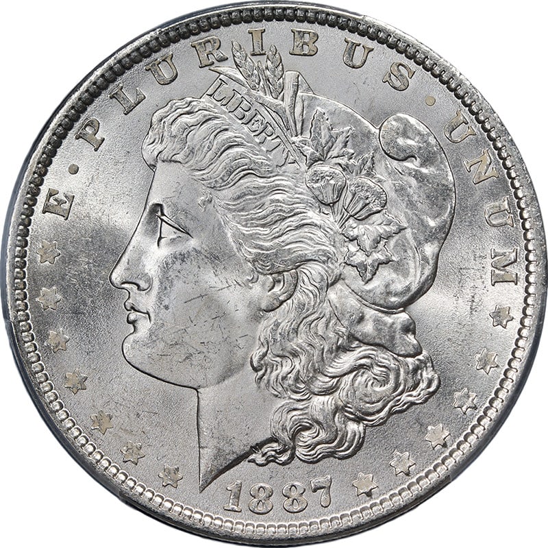PCGS MS64 Plus 1887 Morgan Dollar Philadelphia Mint Silver Coin: PCGS MS64 Plus 1887 Morgan Dollar Philadelphia Mint Silver Coin This original 1887-P Morgan Silver Dollar is certified by PCGS with a grade of MS64+. The coin features superb eye appeal, fantastic lus