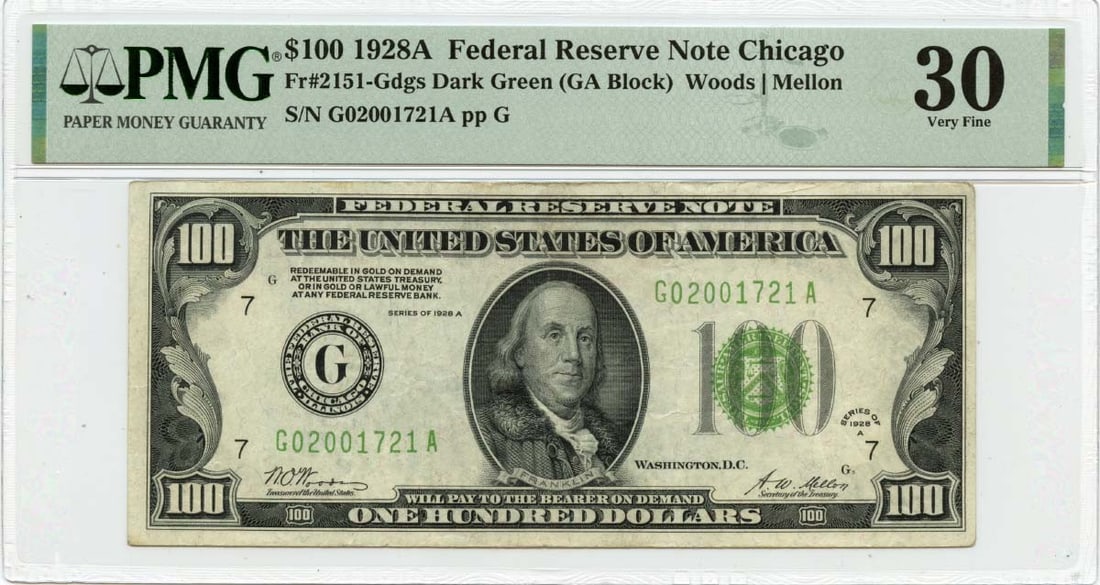 1928A $100 Federal Reserve Note Chicago PMG VF35 Fr# 2151-Gdgs: 1928A $100 Federal Reserve Note Chicago PMG VF35 Fr# 2151-Gdgs This 1928A $100 Federal Reserve Note from Chicago, designated as type 2151-Gdgs, is a notable collectible. Certified by PMG, it carries a