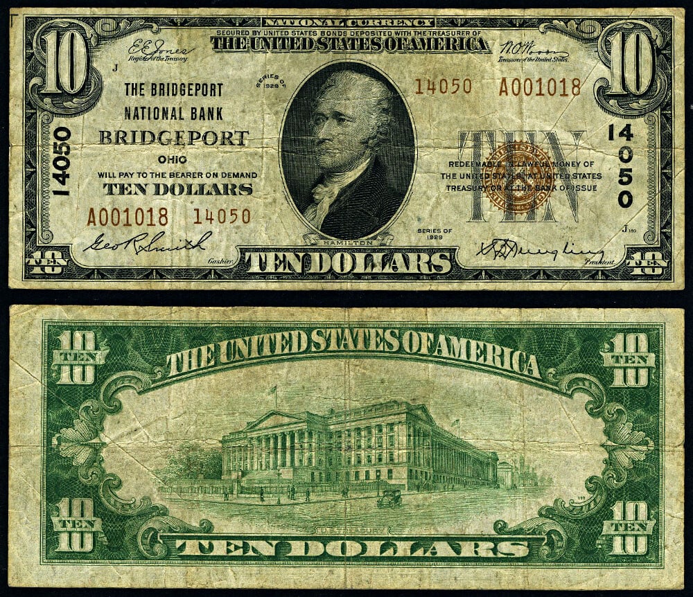 Scarce 1929 T-2 $10 National Bank Note Bridgeport Ohio Ch #14050: Scarce 1929 T-2 $10 National Bank Note Bridgeport Ohio Ch #14050 This is a $10 National Bank Note from Bridgeport, Ohio, issued in 1929 (Type T-2). It is graded as Fine+, indicating even and consisten