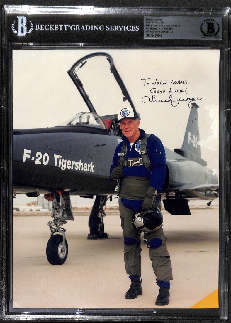 Chuck Yeager Signed 8x10 F-20 Tigershark Photo Beckett Authenticated: Chuck Yeager Signed 8x10 F-20 Tigershark Photo Beckett Authenticated This remarkable 8x10 photograph features the legendary test pilot Chuck Yeager, known for being the first pilot to break the sound
