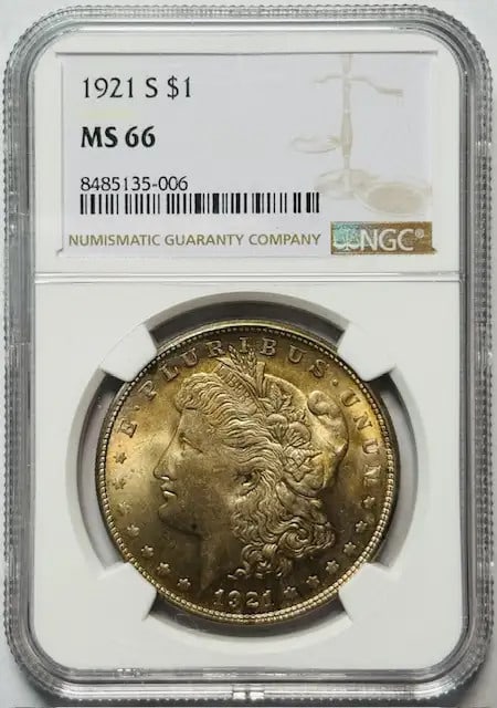 1921 S Morgan Silver Dollar NGC MS66 Uncirculated Coin: 1921 S Morgan Silver Dollar NGC MS66 Uncirculated Coin This 1921 S Morgan Silver Dollar is a stunning example, certified by NGC with a grade of MS 66, indicating its uncirculated condition. Struck in