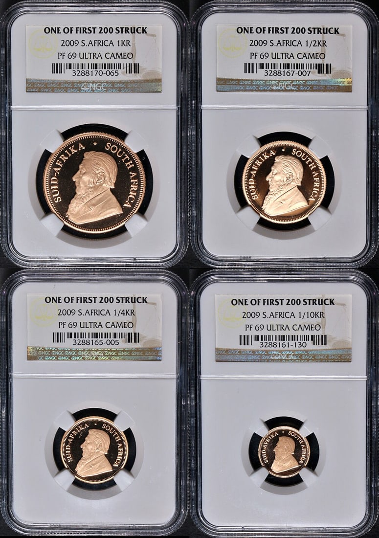 2009 Krugerrand Gold Proof 4 Coin Set NGC PF69 Ultra Cameo 1 of 200: 2009 Krugerrand Gold Proof 4 Coin Set NGC PF69 Ultra Cameo 1 of 200 This is a 2009 South Africa Gold Krugerrand 4-coin proof set, certified by NGC as PF69 Ultra Cameo (UCAM) and designated as First St
