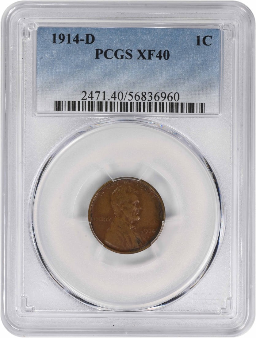 1914-D Lincoln Wheat Cent EF40 Certified PCGS Copper: 1914-D Lincoln Wheat Cent EF40 Certified PCGS Copper This 1914-D Lincoln Cent is a classic piece of American numismatics, showcasing the iconic Lincoln Wheat design. Certified by PCGS and graded EF40,