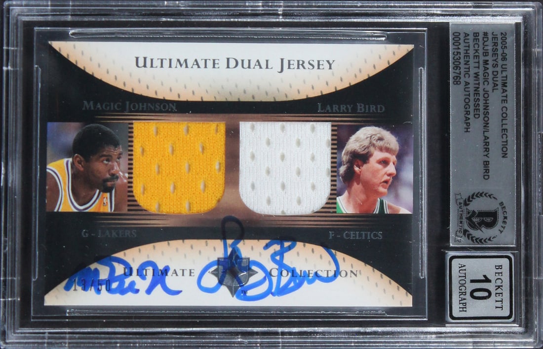Magic Johnson Larry Bird Signed 2005 Ultimate DJJB 13/50 Card Gem Mint 10 Beckett Authenticated: Magic Johnson Larry Bird Signed 2005 Ultimate DJJB 13/50 Card Gem Mint 10 Beckett Authenticated This remarkable 2005 Ultimate Collection Jerseys Dual #DJJB #13/50 card features the iconic signatures o
