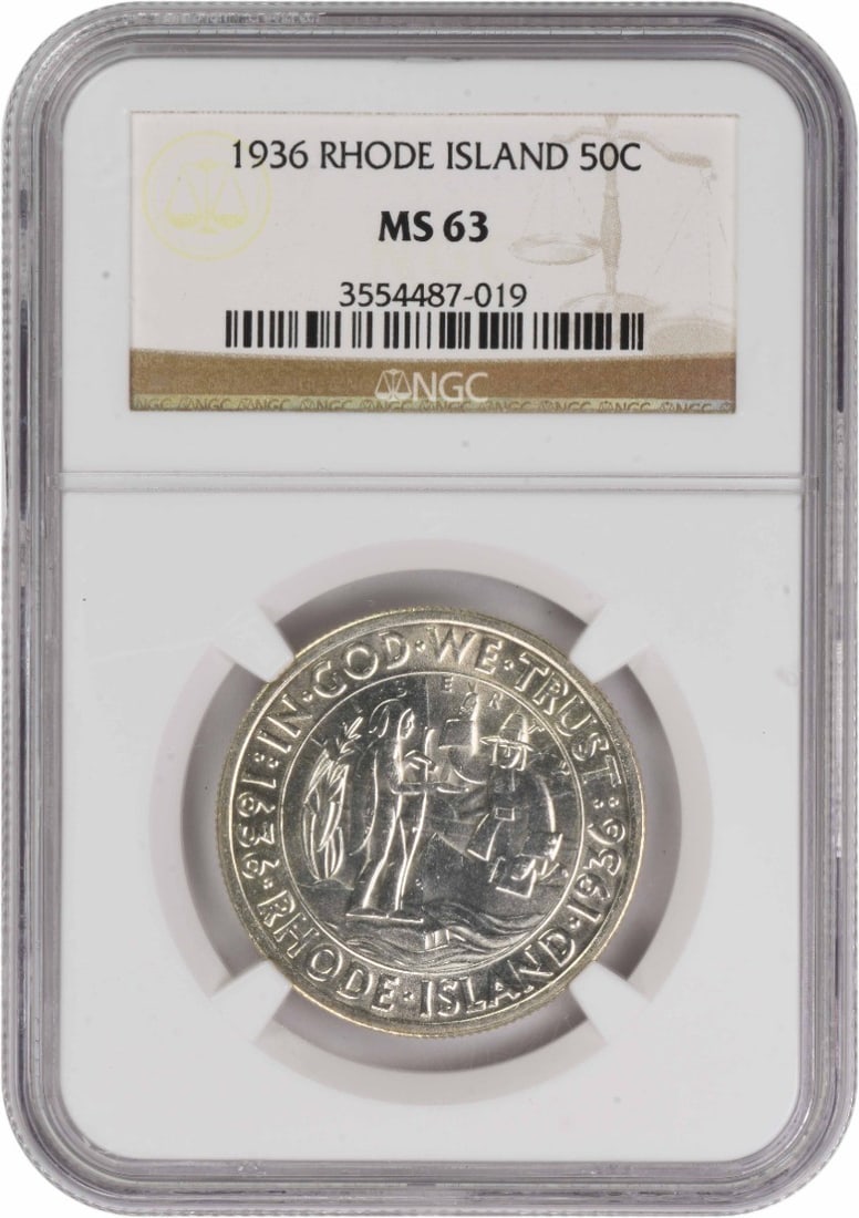 1936 Rhode Island Half Dollar MS63 NGC Certified Silver Commemorative Coin: 1936 Rhode Island Half Dollar MS63 NGC Certified Silver Commemorative Coin This 1936 Rhode Island Commemorative Silver Half Dollar is an uncirculated coin, certified by NGC with a grade of MS63. Struc
