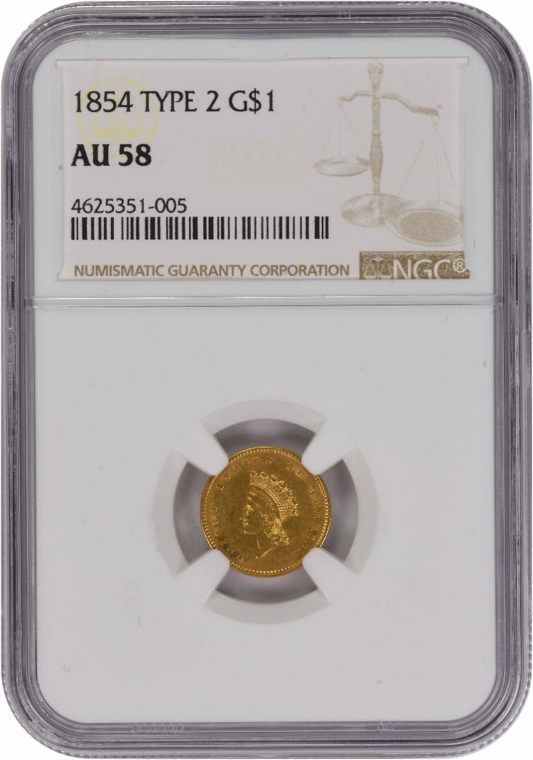 1854 United States Type 2 $1 Gold Coin AU58 Certified by NGC: 1854 United States Type 2 $1 Gold Coin AU58 Certified by NGC This 1854 $1 Gold Type 2 coin is graded AU58 by NGC and was minted in Philadelphia. Designed by James Barton Longacre, it is composed of 90