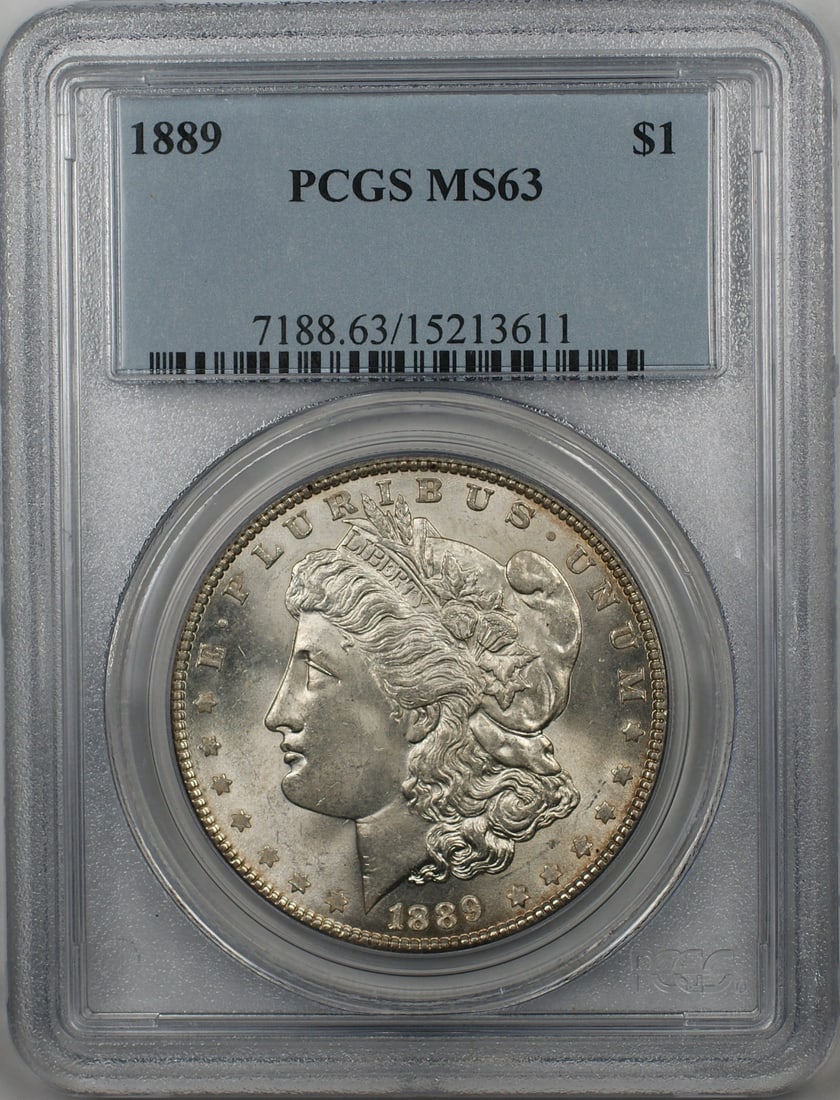 PCGS MS63 1889 Silver Morgan Dollar Philadelphia Mint Uncirculated Coin: PCGS MS63 1889 Silver Morgan Dollar Philadelphia Mint Uncirculated Coin This 1889 Morgan Silver Dollar $1 coin is certified by PCGS with a grade of MS 63. It is an uncirculated coin minted in Philadel